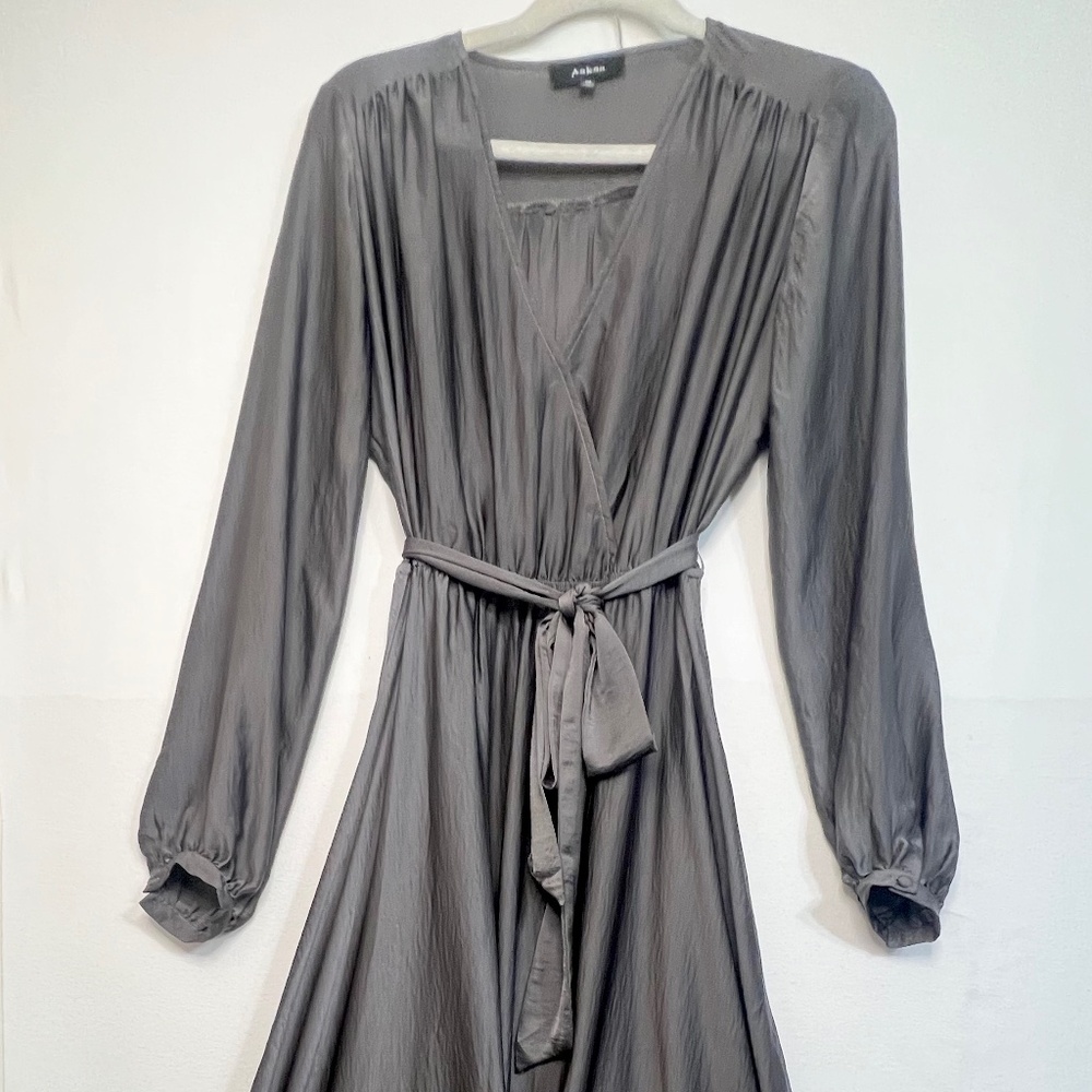 AAKAA Long Sleeve 100% Polyster, Boho Slit Maxi Dress Charcoal MED, NWOT